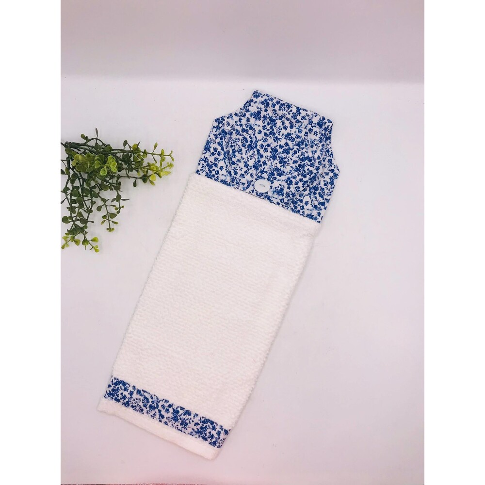 Hanging Kitchen Towel: Colonial Blue Floral Topper, Button Closure